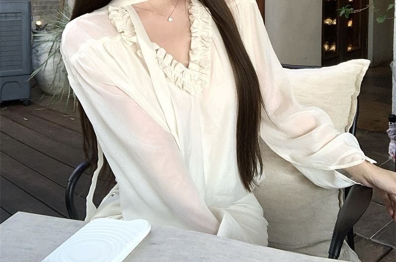 V-Neck Frill Trim Sheer Long Sleeve Blouse
