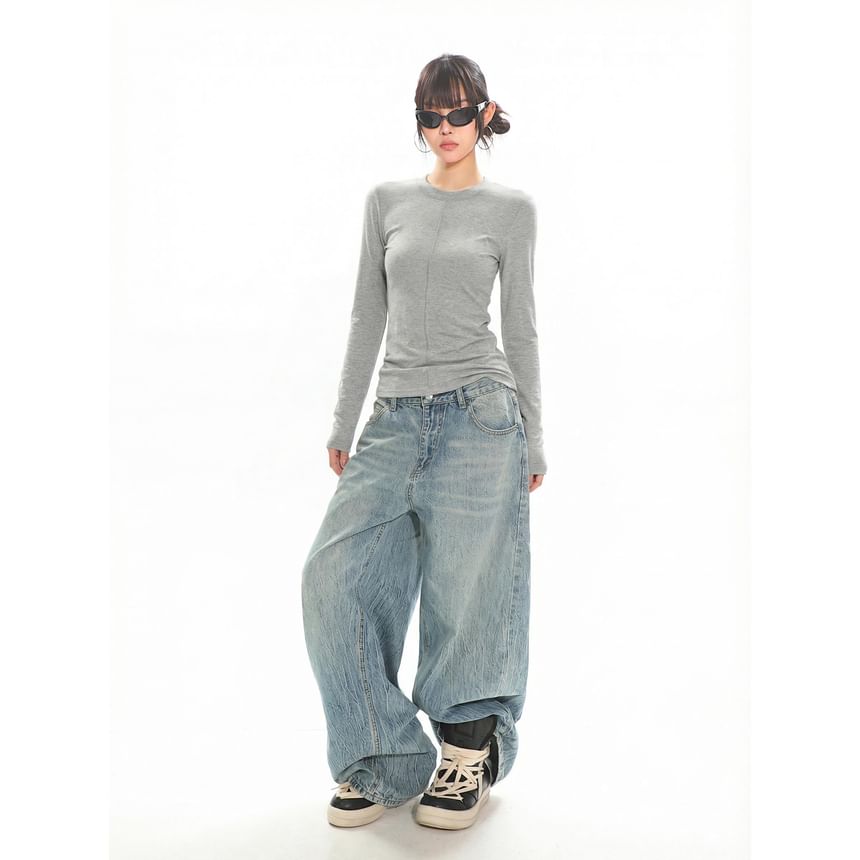 Plain Crew Neck Tee with Long Sleeves