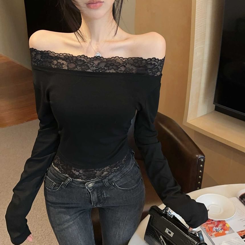 Off-Shoulder Lace Panel Slim Crop Top