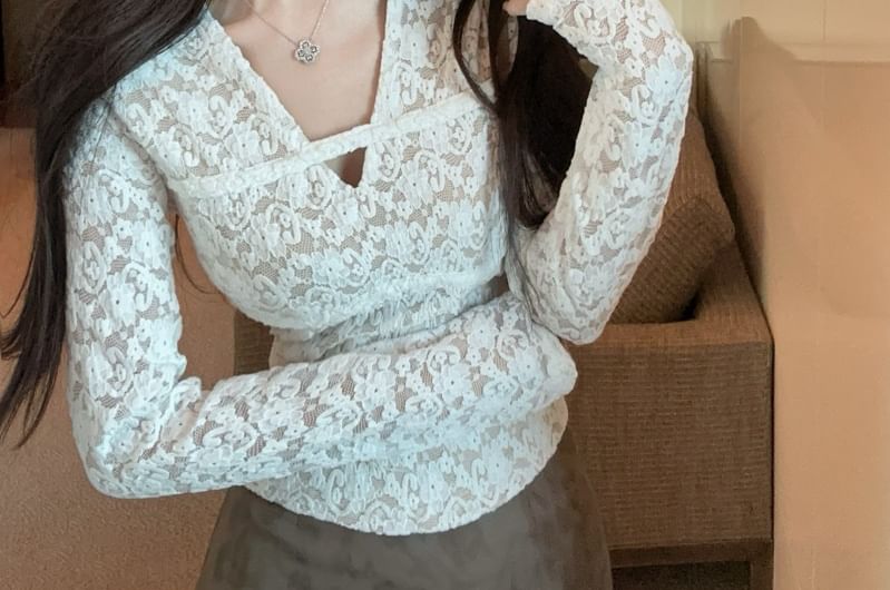 Lace V-Neck Slim Fit Crop Top Long Sleeve