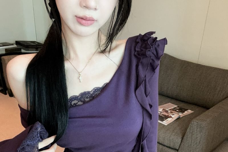 Off-Shoulder Lace Panel Asymmetrical Top