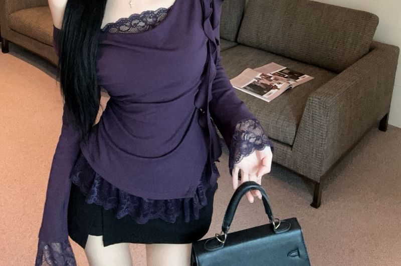 Off-Shoulder Lace Panel Asymmetrical Top