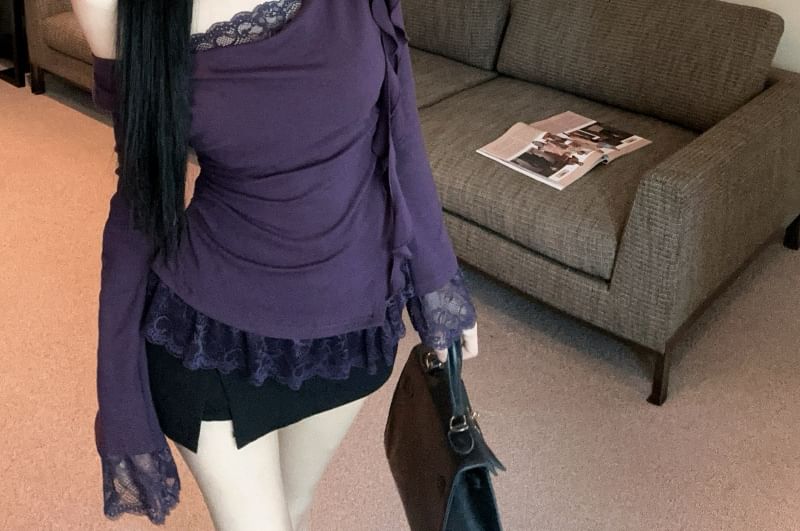 Off-Shoulder Lace Panel Asymmetrical Top
