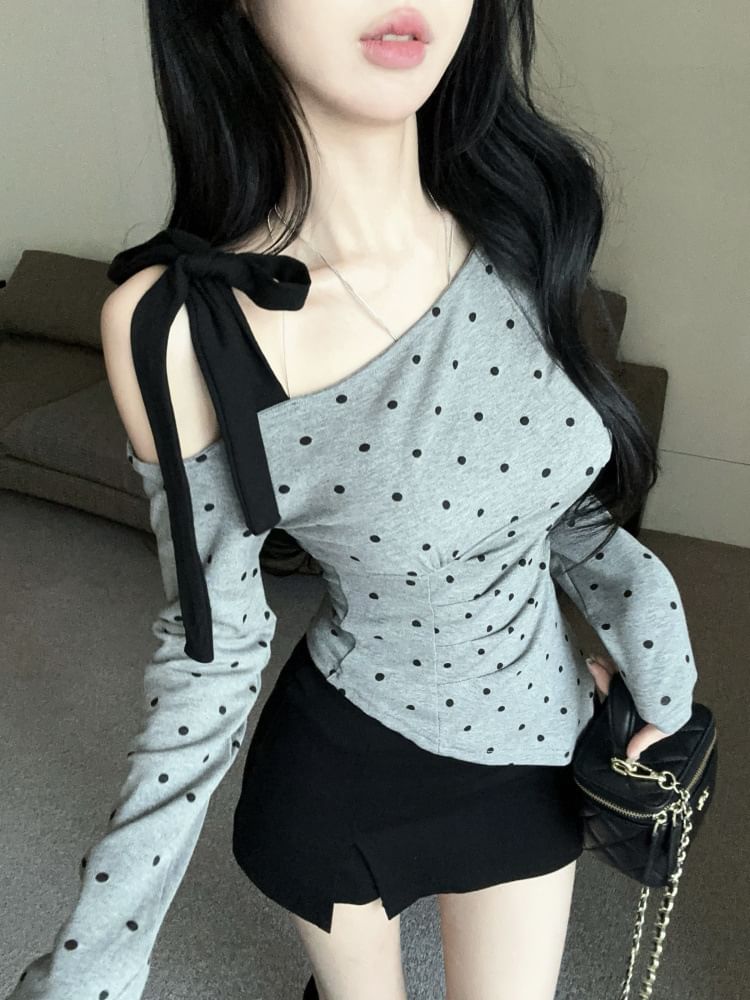 Polka Dot Cold Shoulder Ruched Asymmetrical Top
