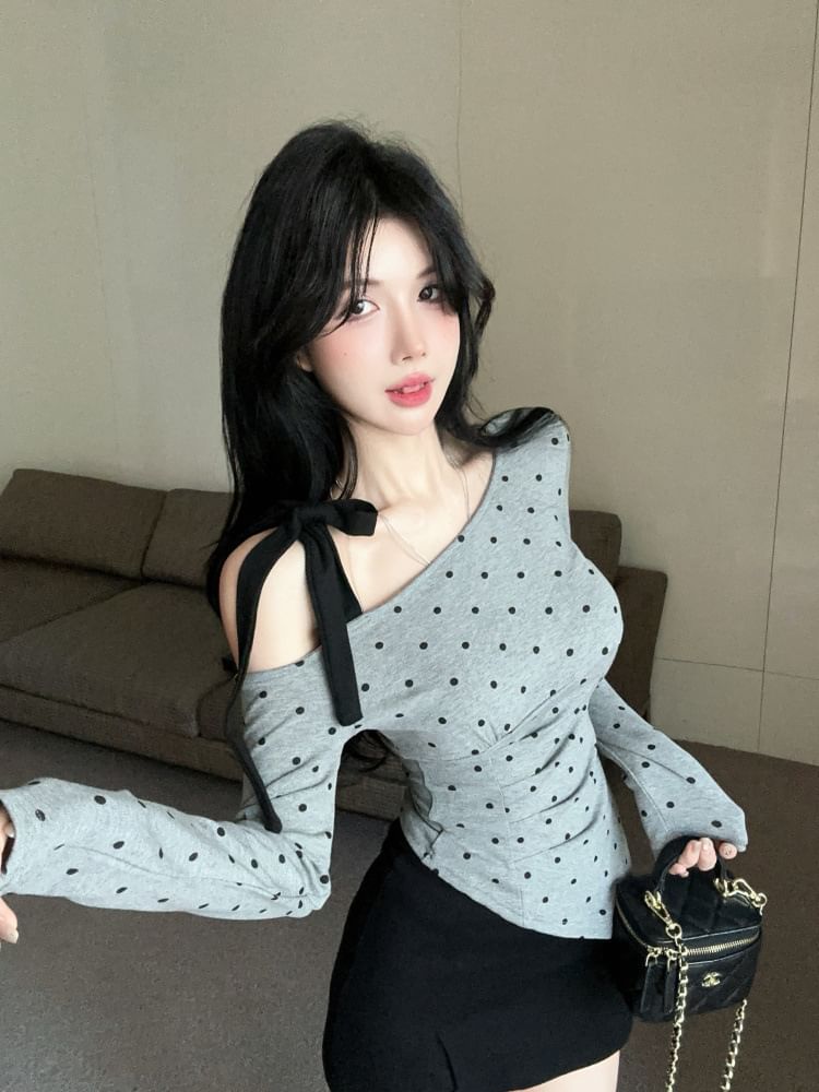 Polka Dot Cold Shoulder Ruched Asymmetrical Top