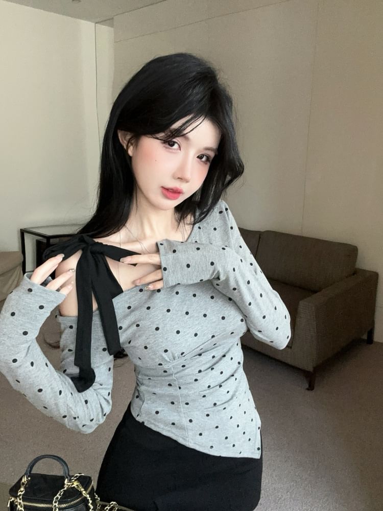 Polka Dot Cold Shoulder Ruched Asymmetrical Top