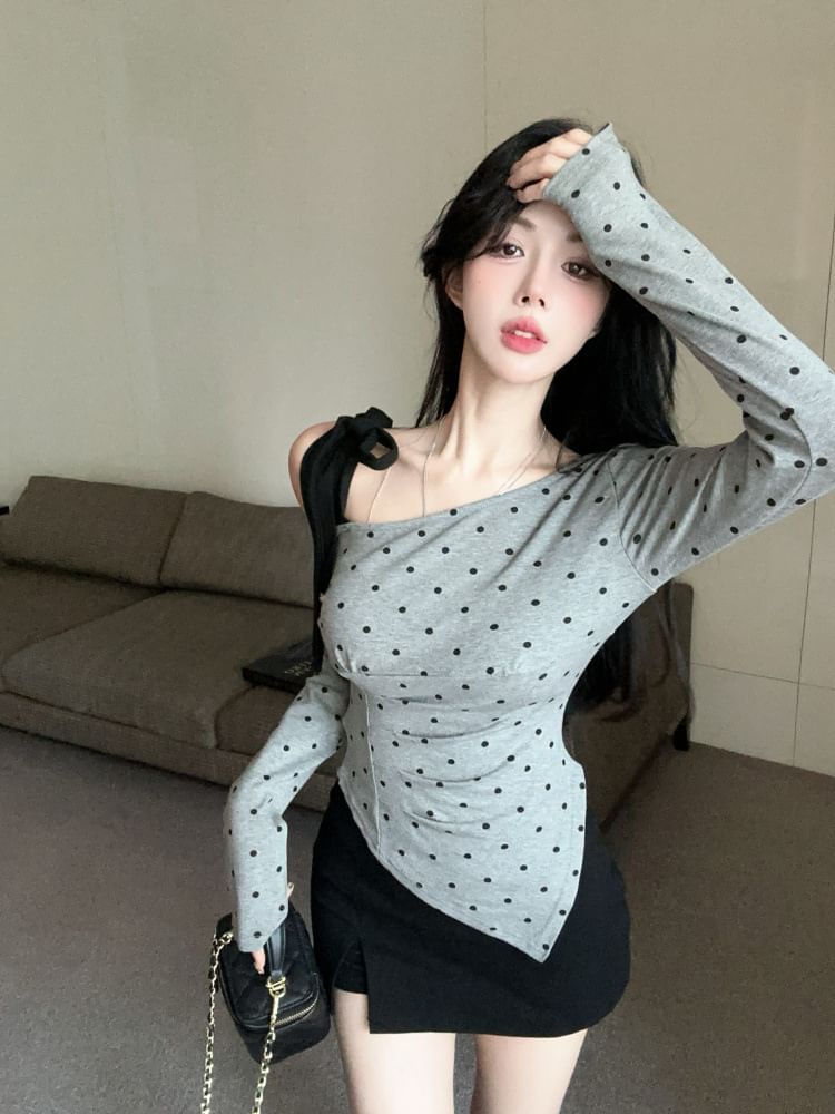 Polka Dot Cold Shoulder Ruched Asymmetrical Top