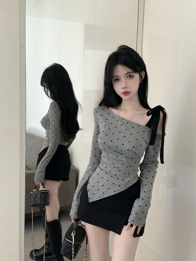 Polka Dot Cold Shoulder Ruched Asymmetrical Top