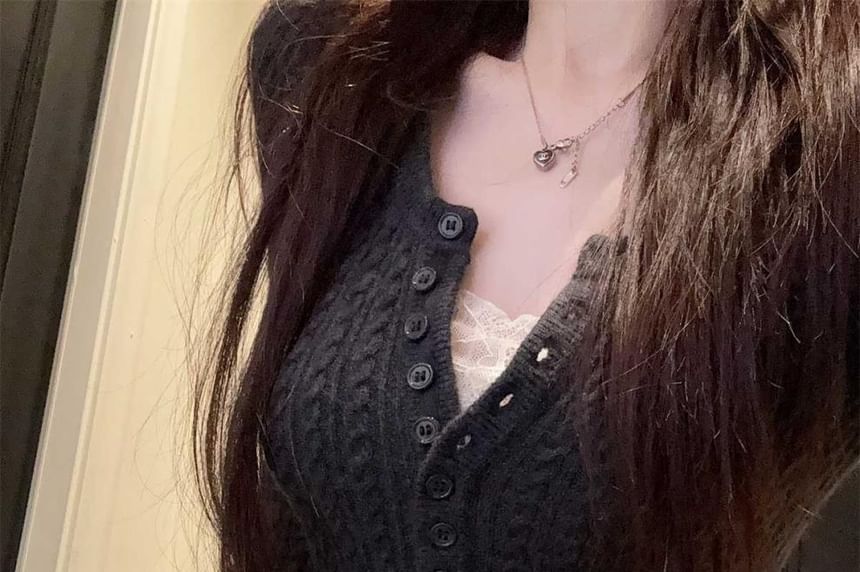 Chunky Cable Knit Top with Half-Button Crew Neck