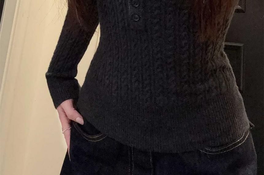 Chunky Cable Knit Top with Half-Button Crew Neck