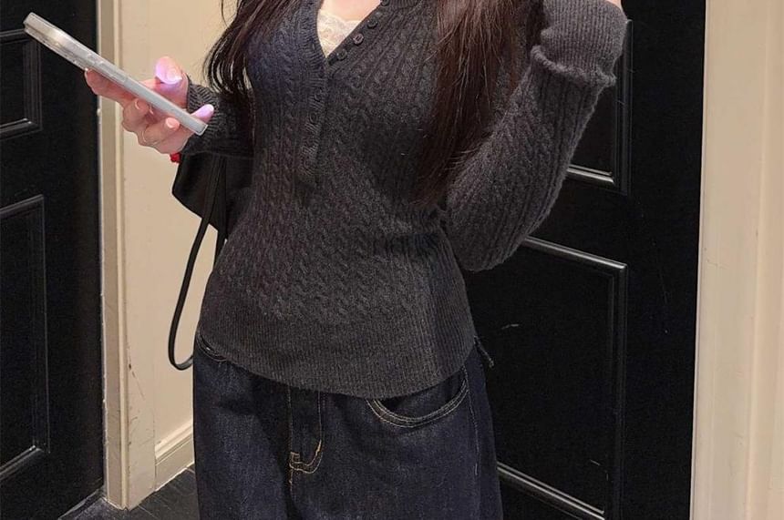 Chunky Cable Knit Top with Half-Button Crew Neck