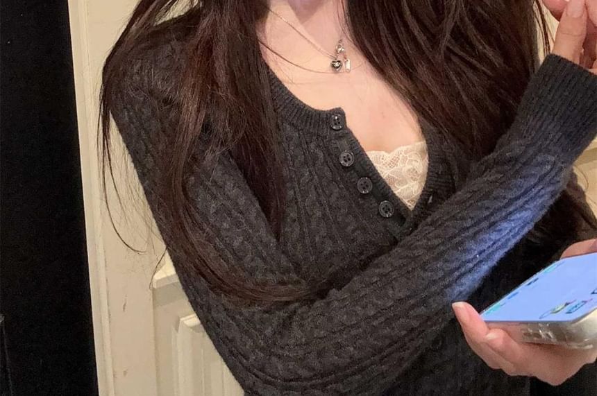 Chunky Cable Knit Top with Half-Button Crew Neck