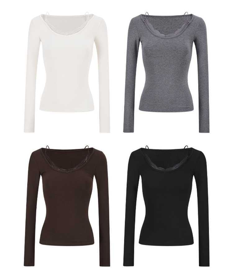 Lace Panel Slim Fit Tee with V-Neck and Long Sleeves