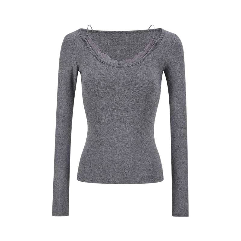 Lace Panel Slim Fit Tee with V-Neck and Long Sleeves