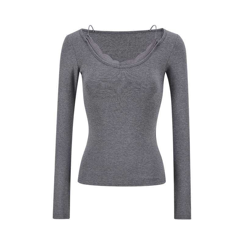 Lace Panel Slim Fit Tee with V-Neck and Long Sleeves