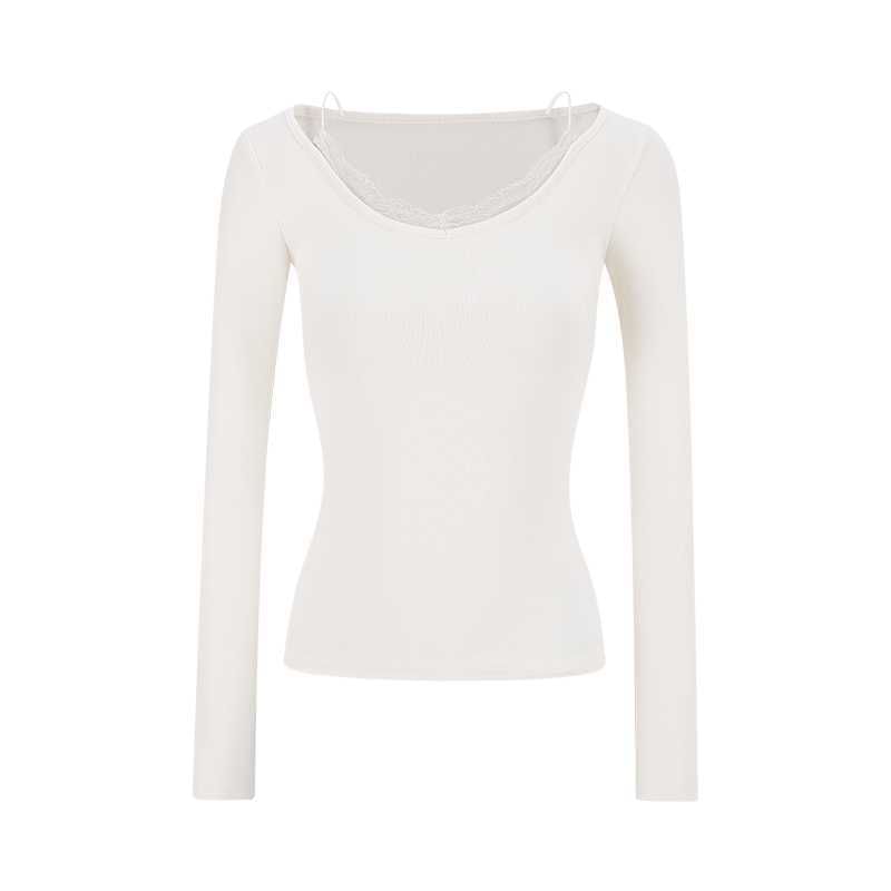 Lace Panel Slim Fit Tee with V-Neck and Long Sleeves
