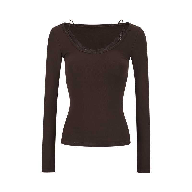 Lace Panel Slim Fit Tee with V-Neck and Long Sleeves