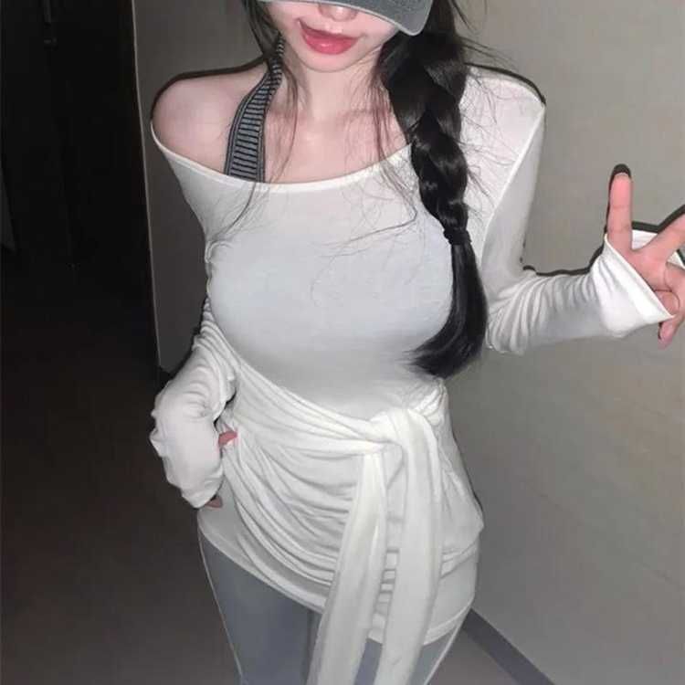 Sheer Tie-Waist Long Sleeve Tee with Off-Shoulder Style