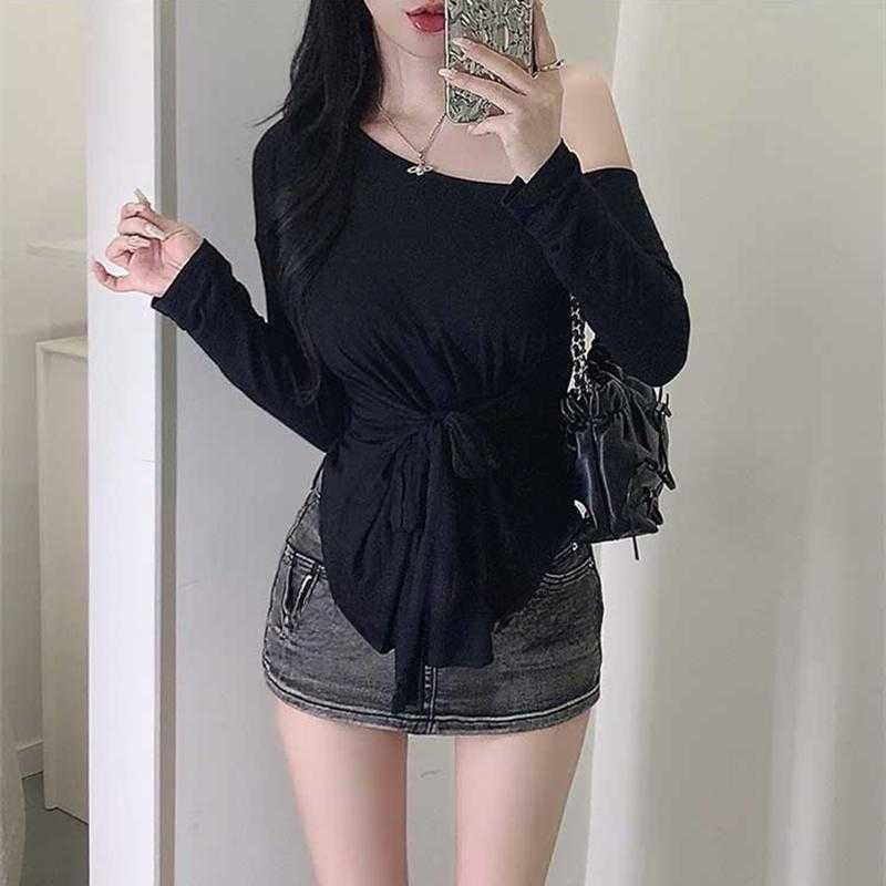 Sheer Tie-Waist Long Sleeve Tee with Off-Shoulder Style