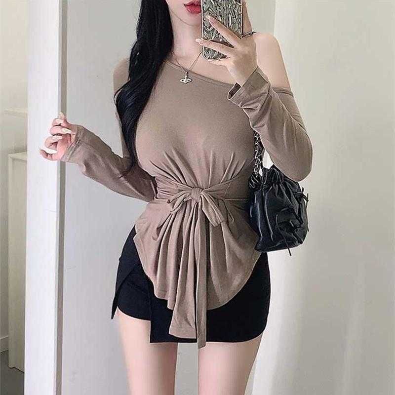 Sheer Tie-Waist Long Sleeve Tee with Off-Shoulder Style