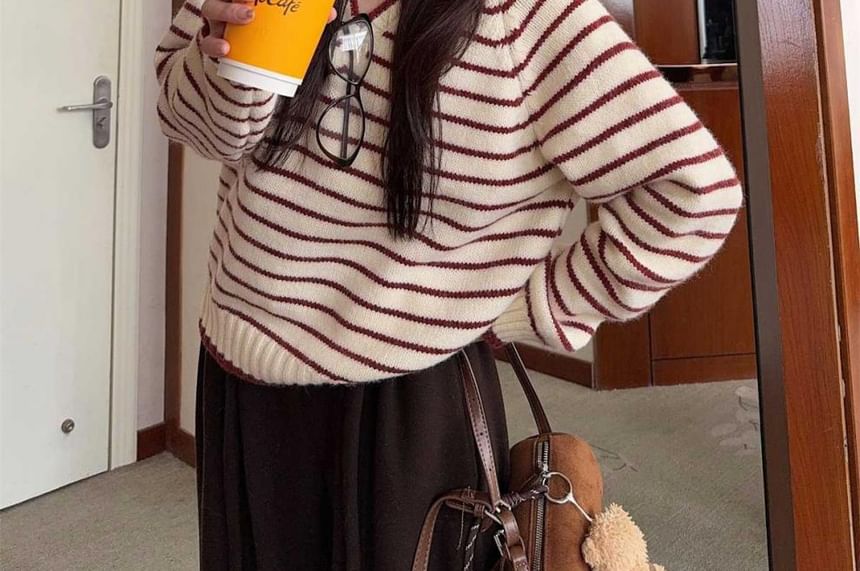 Striped Contrast Trim V-Neck Sweater