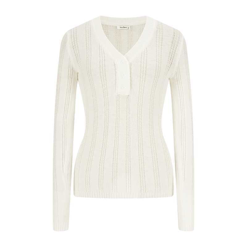 V-Neck Perforated Knit Long Sleeve Top