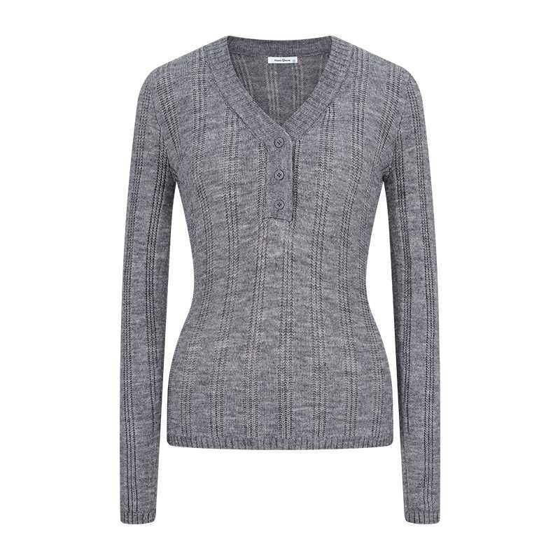 V-Neck Perforated Knit Long Sleeve Top