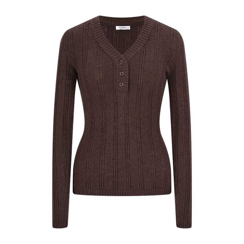 V-Neck Perforated Knit Long Sleeve Top