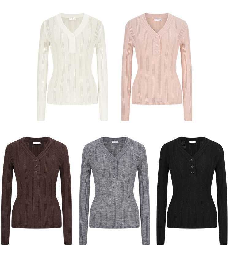 V-Neck Perforated Knit Long Sleeve Top