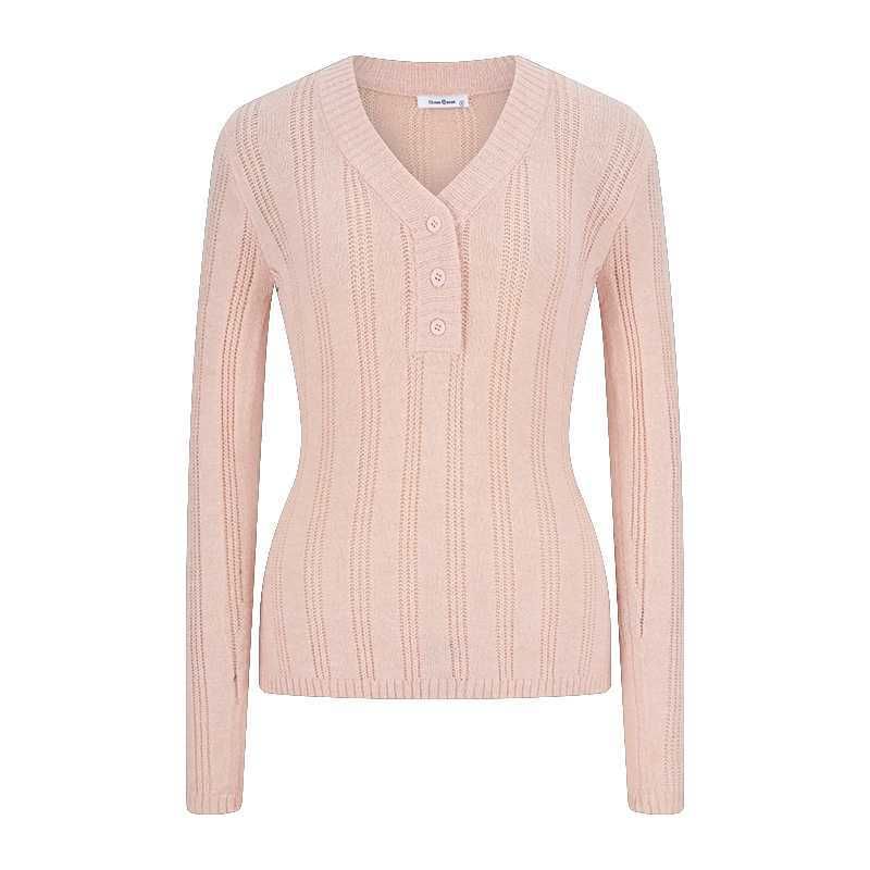 V-Neck Perforated Knit Long Sleeve Top