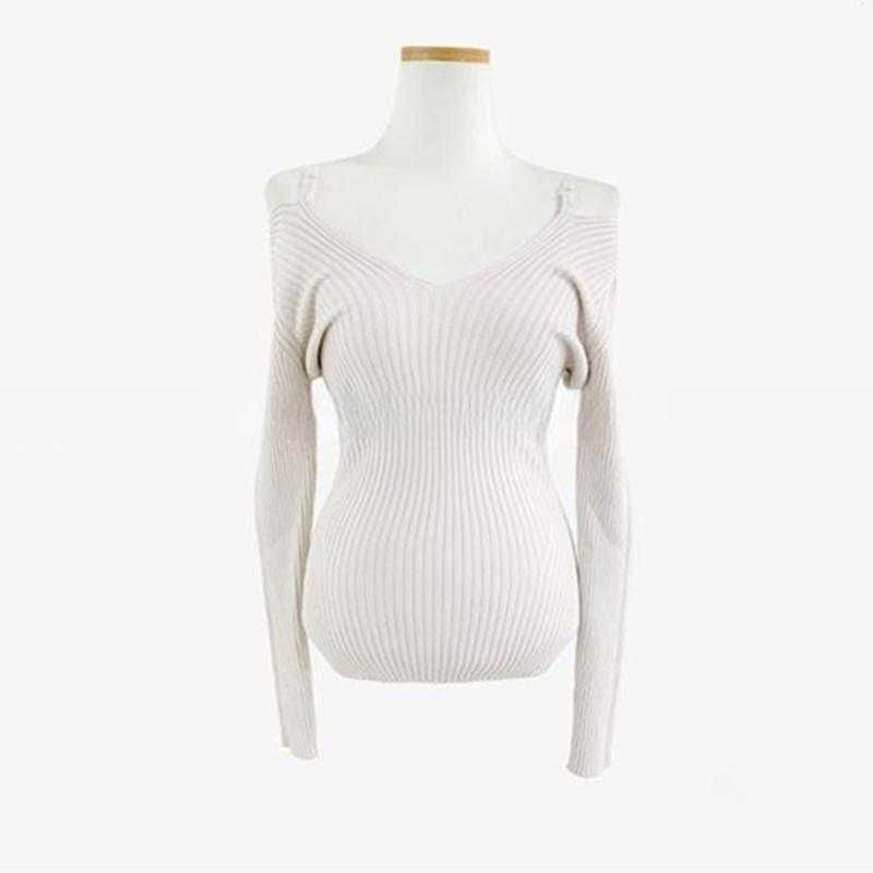 Cold Shoulder Ribbed Knit Top with V-Neck