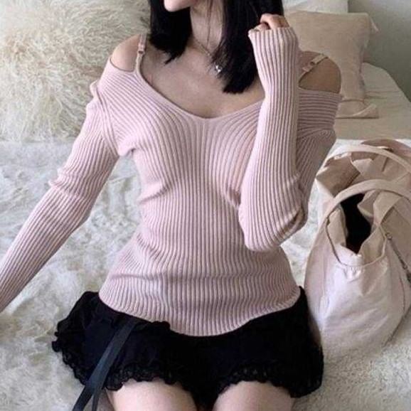 Cold Shoulder Ribbed Knit Top with V-Neck