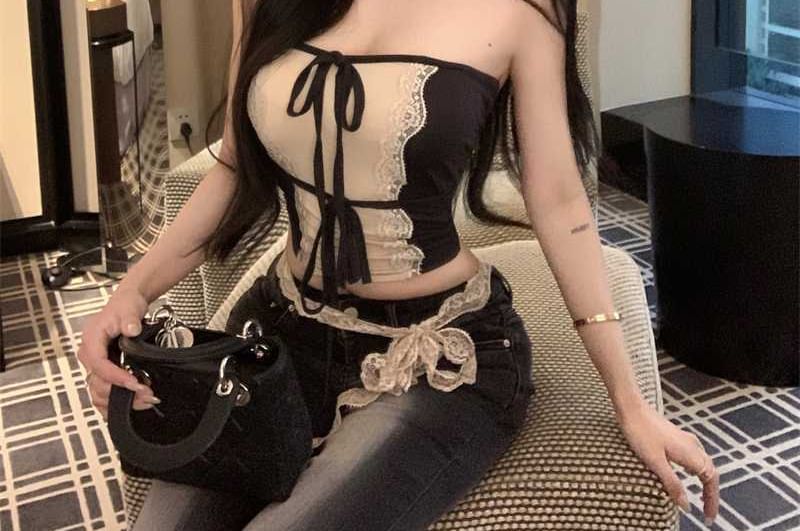 Two-Tone Crop Tube Top with Lace Trim and Scarf Set