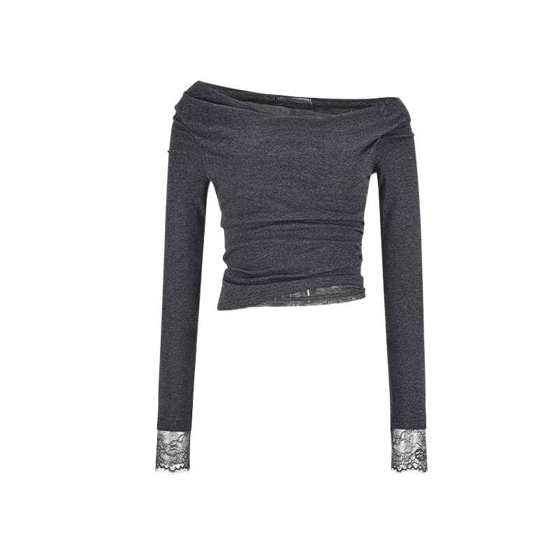 Slim Off-Shoulder Lace Trim Crop Top with Ruched Detail