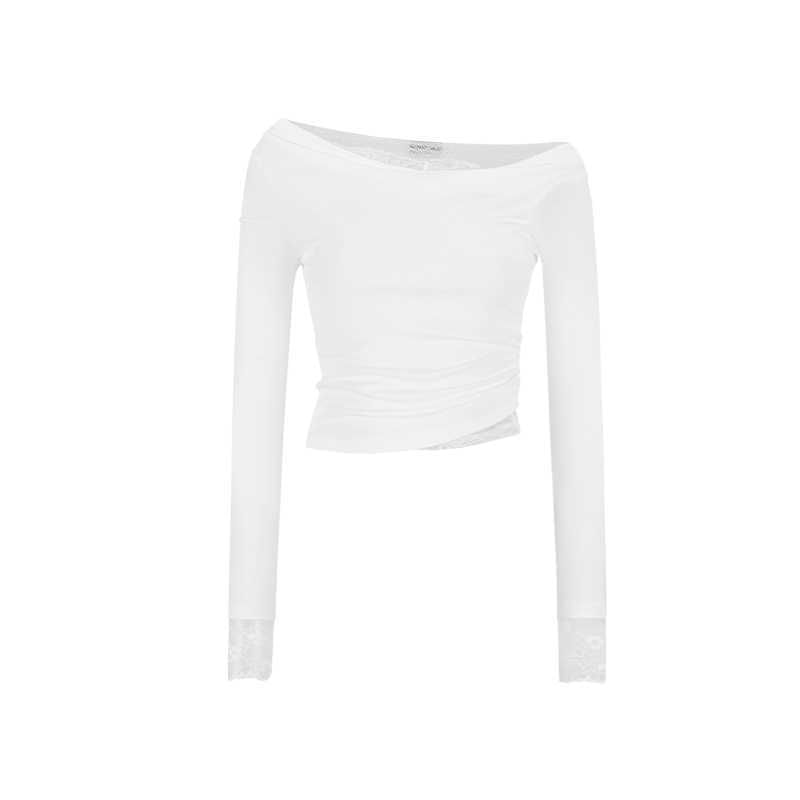 Slim Off-Shoulder Lace Trim Crop Top with Ruched Detail