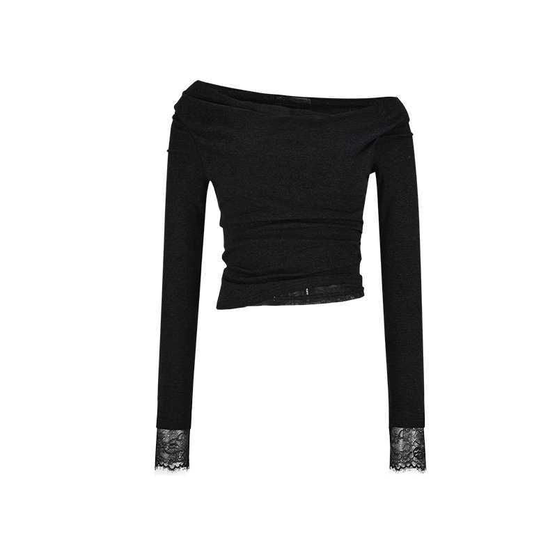 Slim Off-Shoulder Lace Trim Crop Top with Ruched Detail