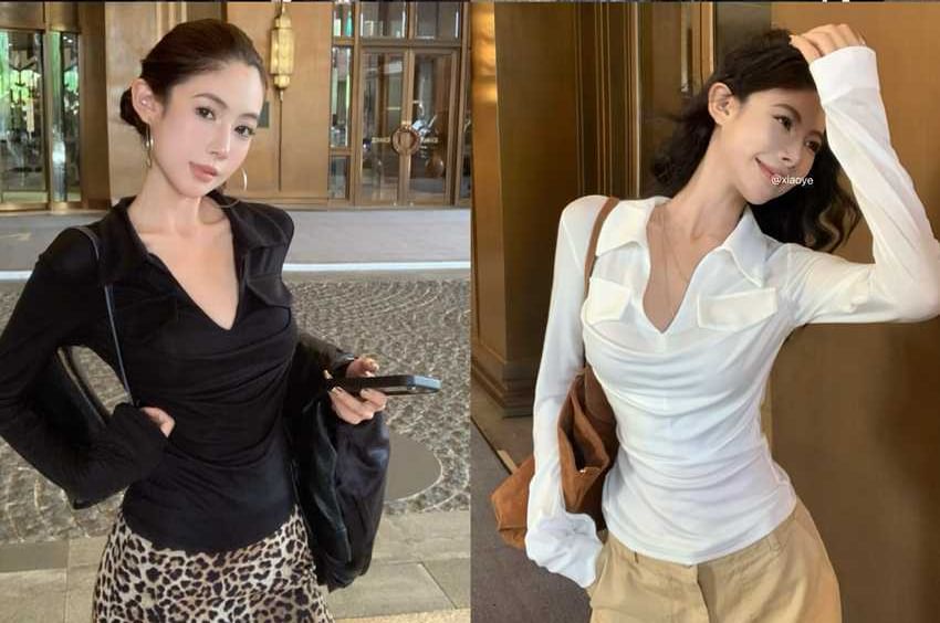 Mock Two-Piece Collared V-Neck Slim Tee Set