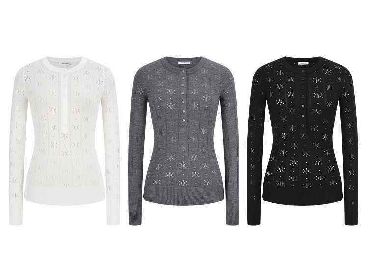 Perforated Half-Button Knit Top with Crew Neck