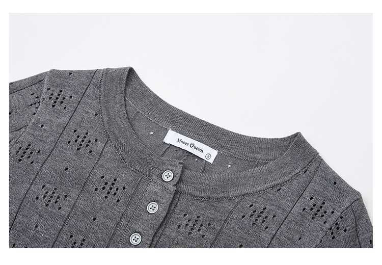 Perforated Half-Button Knit Top with Crew Neck