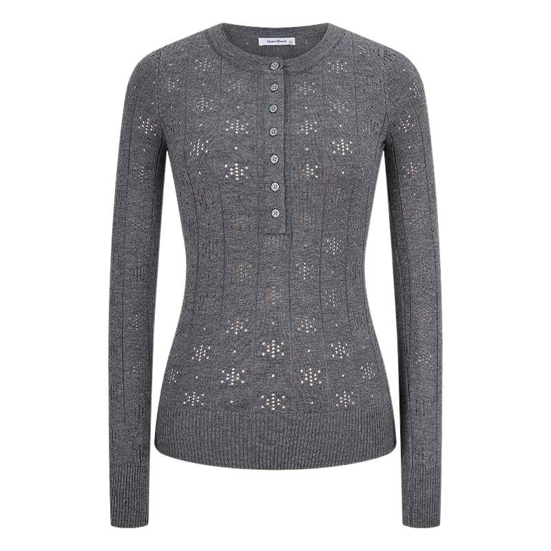 Perforated Half-Button Knit Top with Crew Neck
