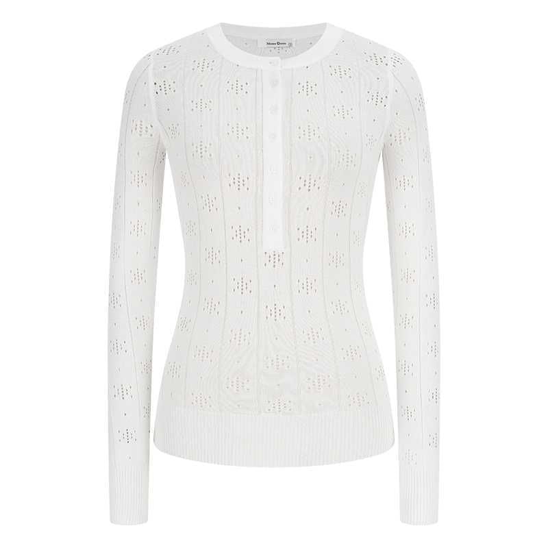 Perforated Half-Button Knit Top with Crew Neck