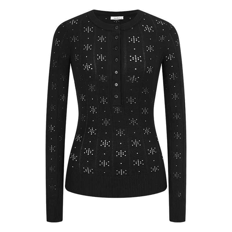 Perforated Half-Button Knit Top with Crew Neck