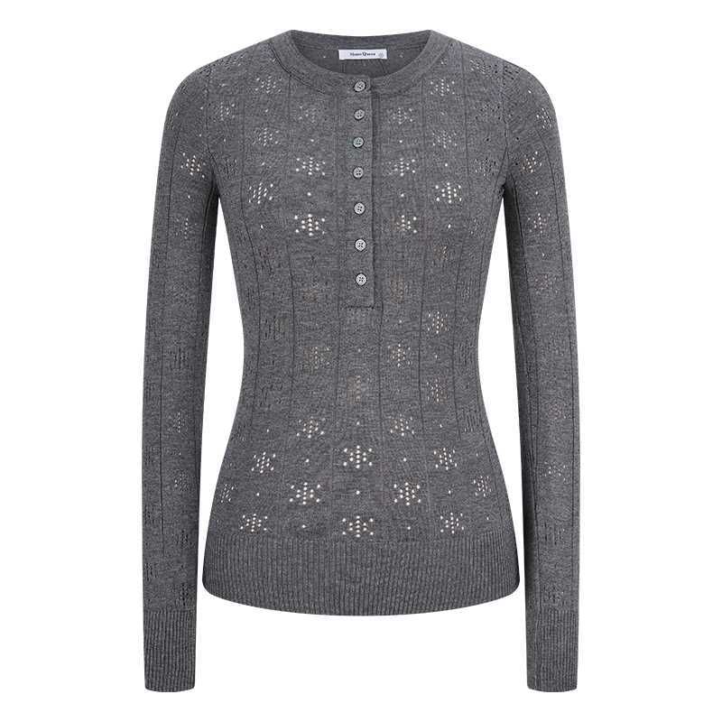 Perforated Half-Button Knit Top with Crew Neck