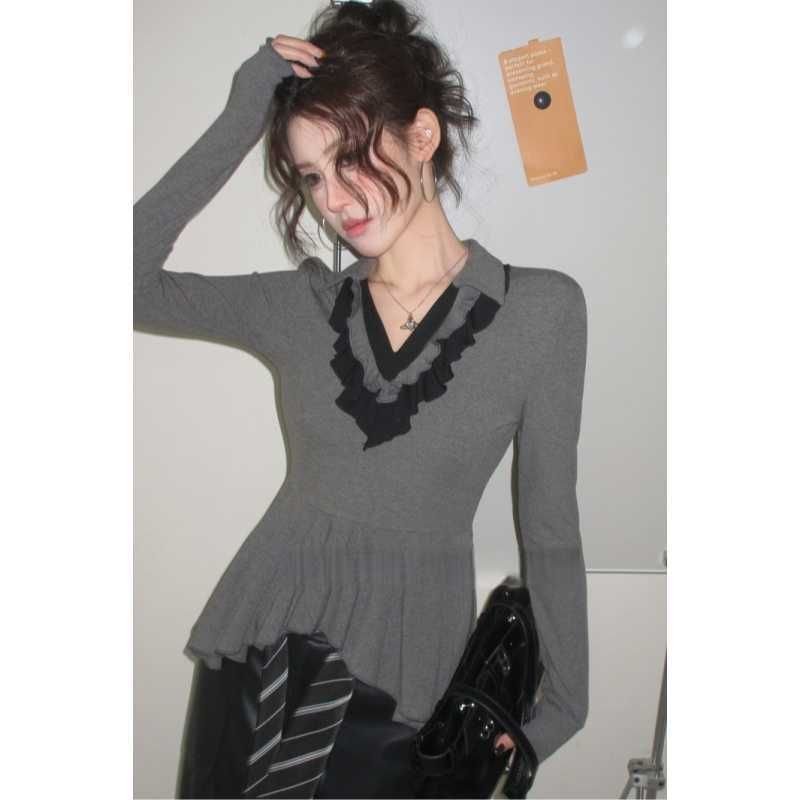 Ruffle Trim Collared Tee with Two-Tone V-Neck