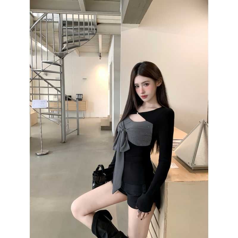 Sequin Cutout Tie-Front Tee with Two-Tone V-Neck