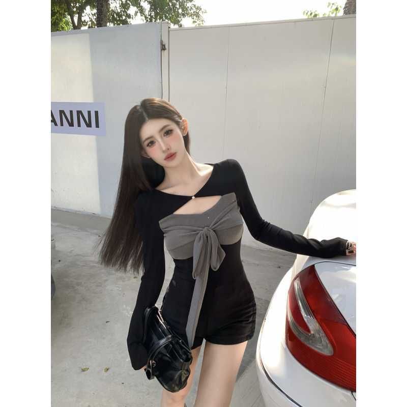 Sequin Cutout Tie-Front Tee with Two-Tone V-Neck