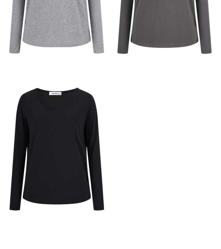 Slit V-Neck Long Sleeve Tee with Plain Design