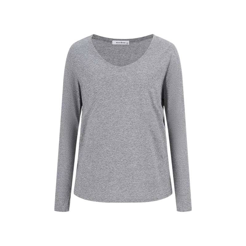 Slit V-Neck Long Sleeve Tee with Plain Design