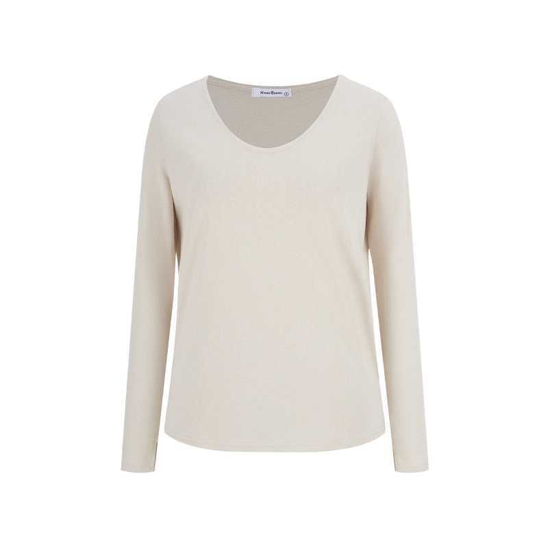 Slit V-Neck Long Sleeve Tee with Plain Design