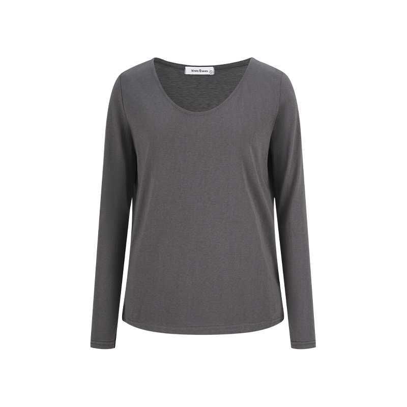 Slit V-Neck Long Sleeve Tee with Plain Design